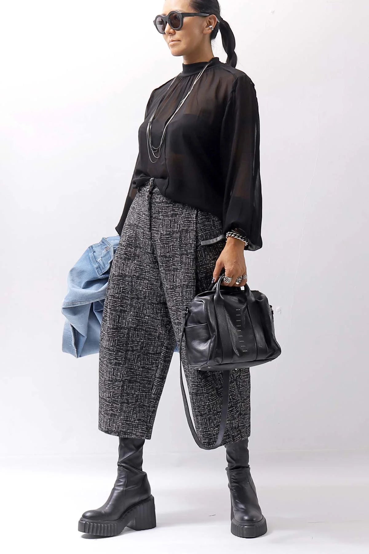 【AGL】 STRETCH LEATHER HEEL BOOTS MIDI HEEL STRETCH_BLACK