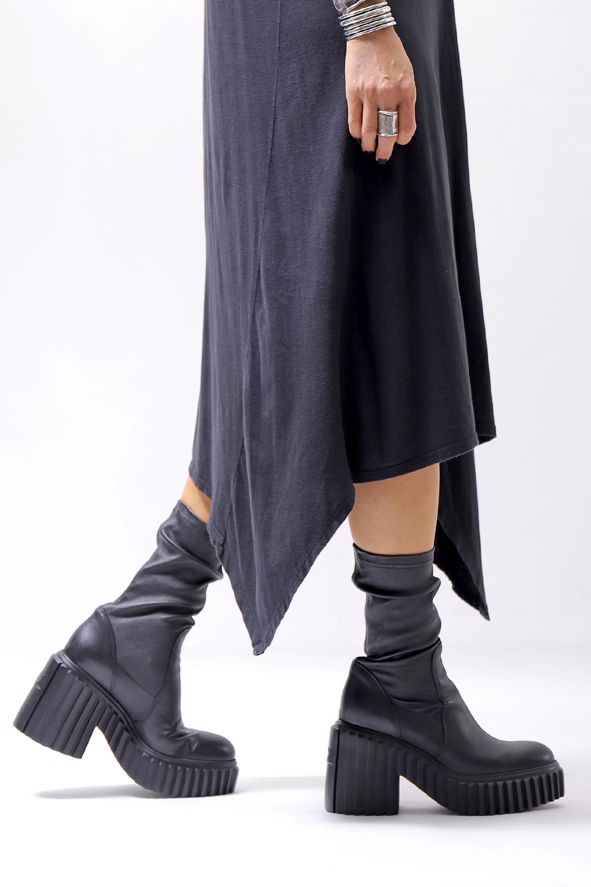 【AGL】 STRETCH LEATHER HEEL BOOTS MIDI HEEL STRETCH_BLACK
