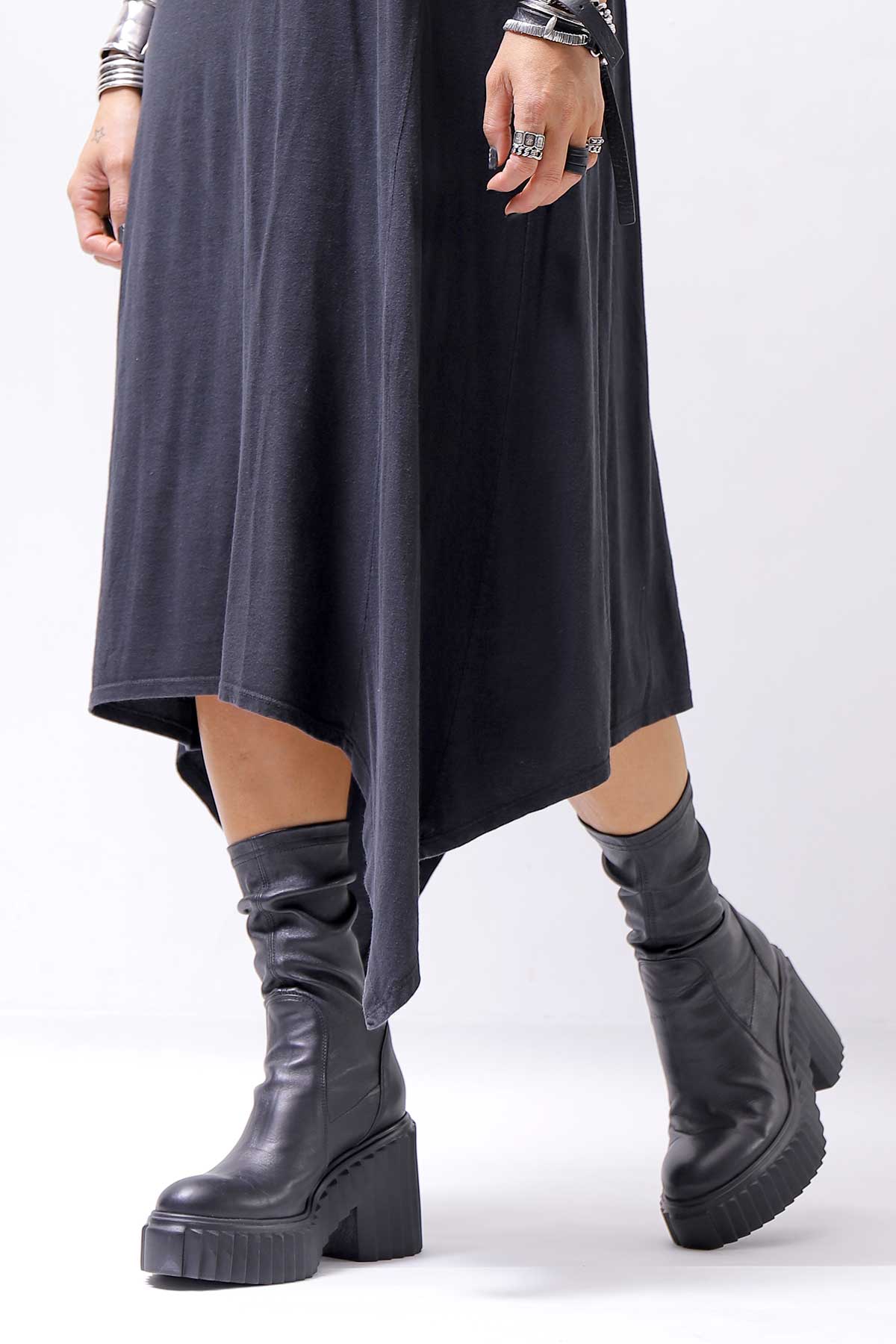 【AGL】 STRETCH LEATHER HEEL BOOTS MIDI HEEL STRETCH_BLACK