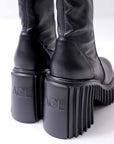【AGL】 STRETCH LEATHER HEEL BOOTS MIDI HEEL STRETCH_BLACK