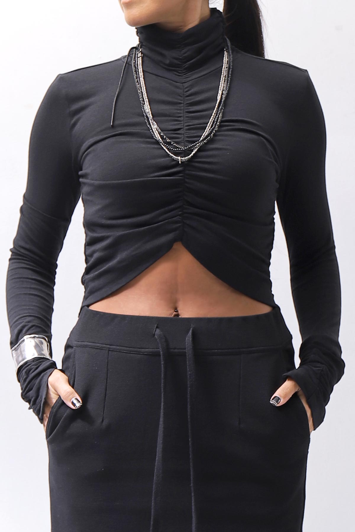 【thom/krom】COTTON MODAL GATHER SHORT TOP WTS601_BLACK