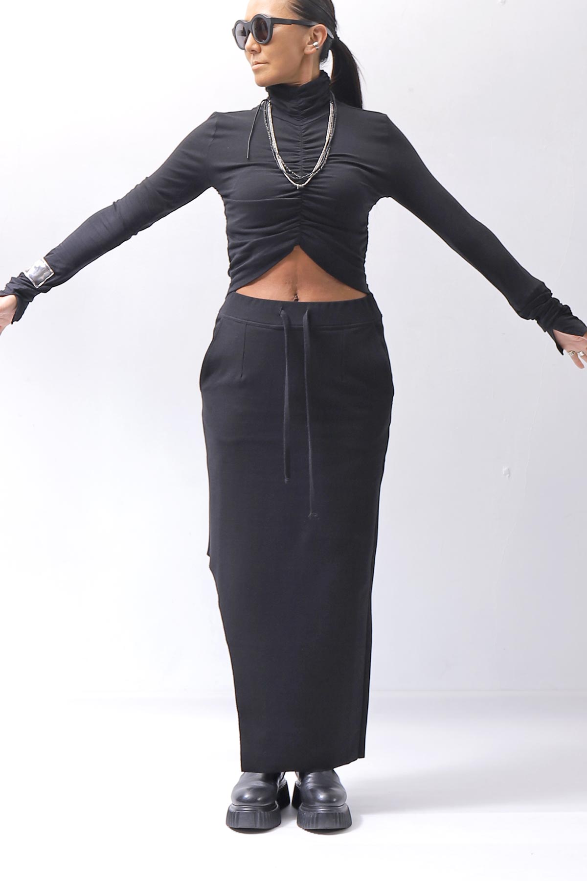 【thom/krom】COTTON MODAL GATHER SHORT TOP WTS601_BLACK