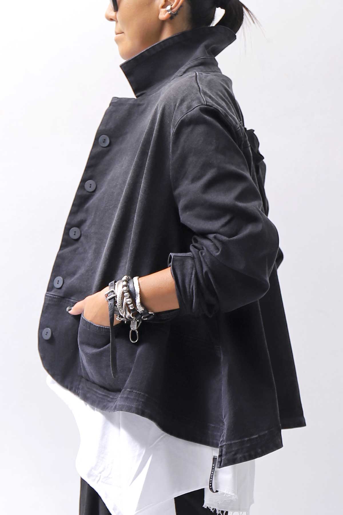 【PLÜ】 SUPER STRETCH COTTON DENIM WIDE SHORT JACKET PL17J_BLACK WASH