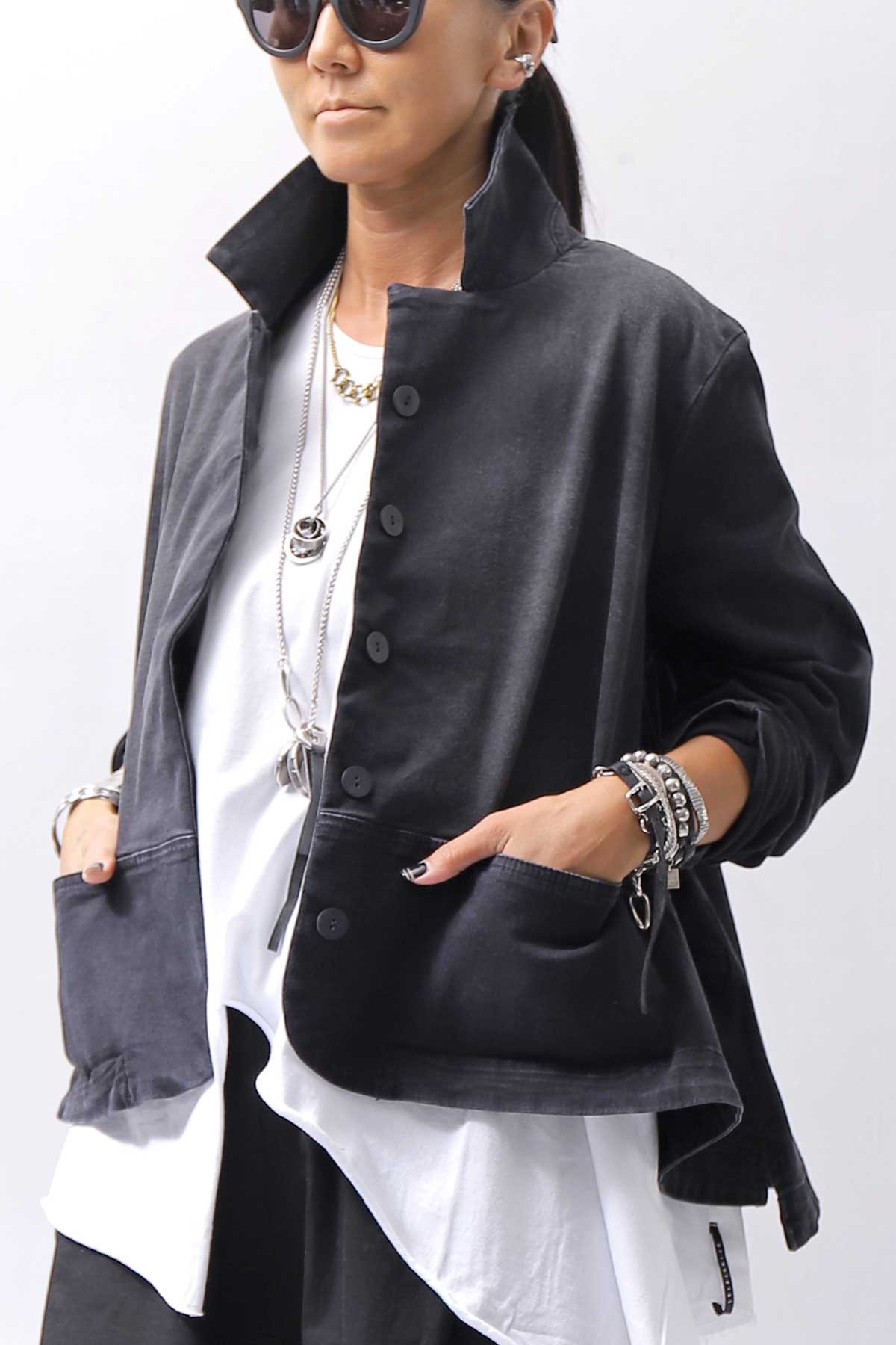 【PLÜ】 SUPER STRETCH COTTON DENIM WIDE SHORT JACKET PL17J_BLACK WASH