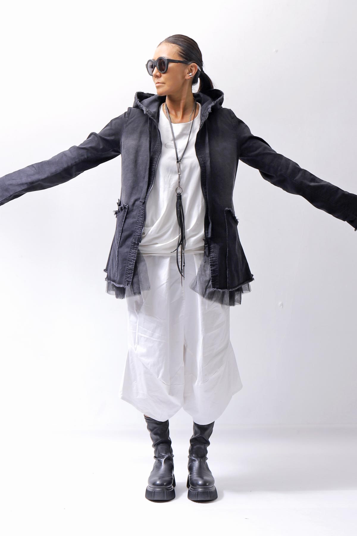 【PLÜ】 SUPER STRETCH COTTON DENIM HOODIE TULLE JACKET PL19_BLACK WASH