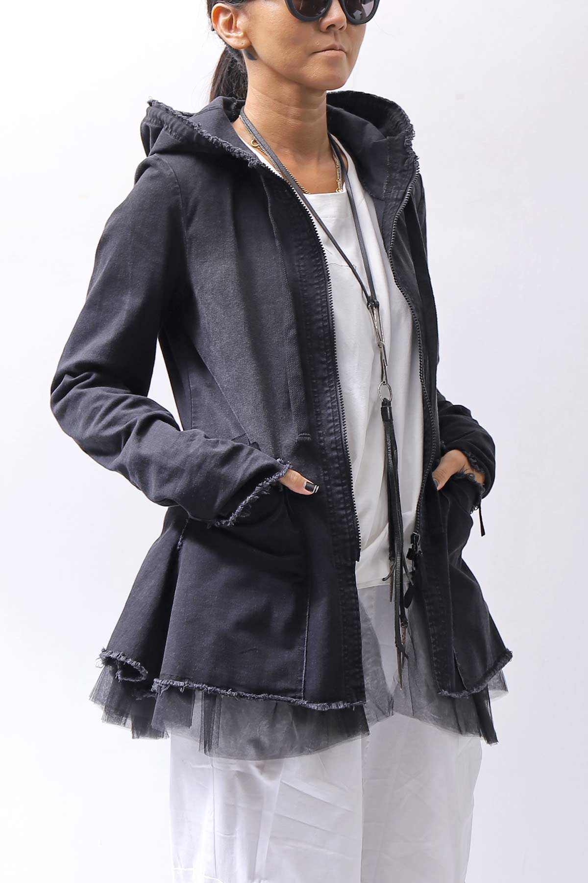 【PLÜ】 SUPER STRETCH COTTON DENIM HOODIE TULLE JACKET PL19_BLACK WASH