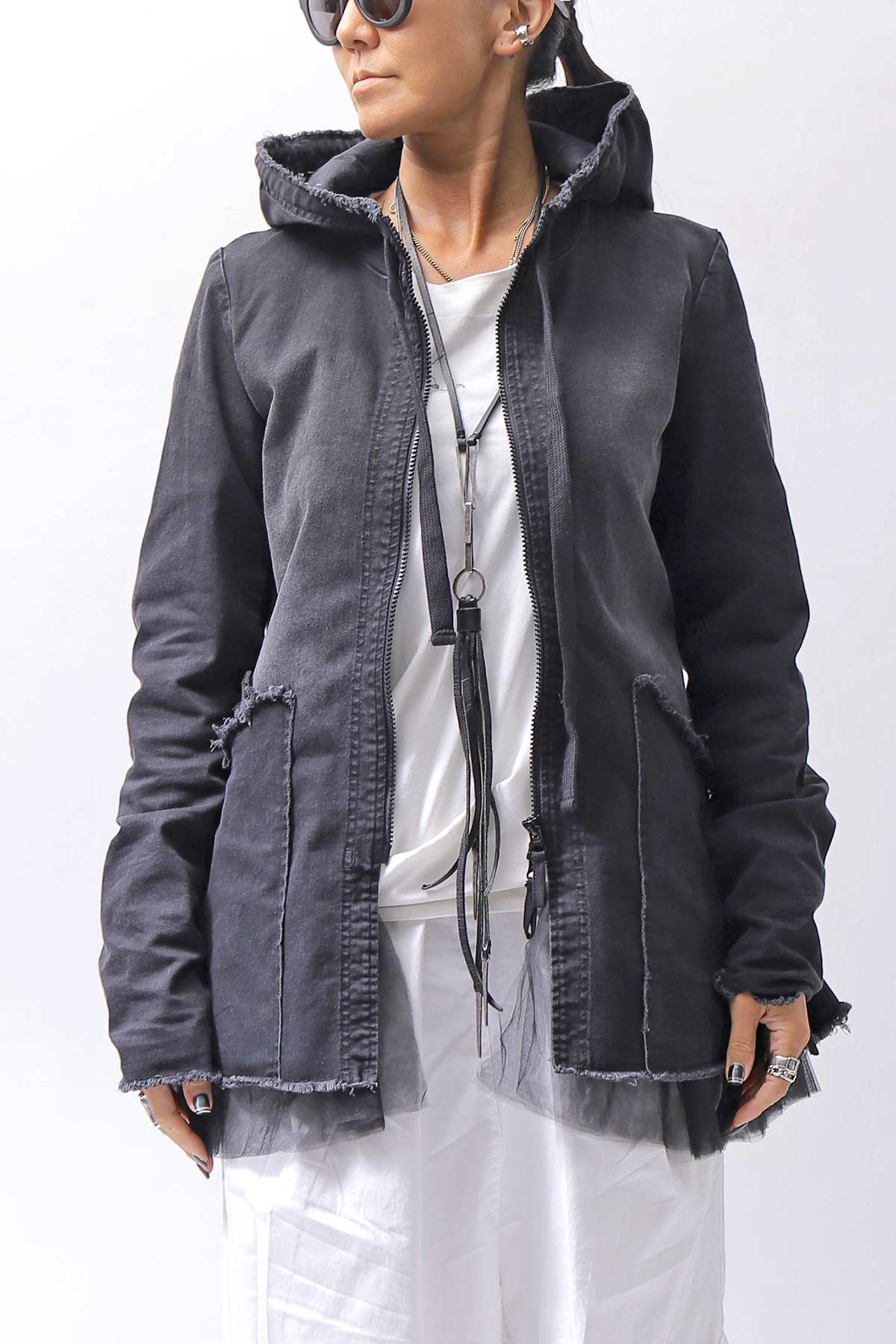 【PLÜ】 SUPER STRETCH COTTON DENIM HOODIE TULLE JACKET PL19_BLACK WASH