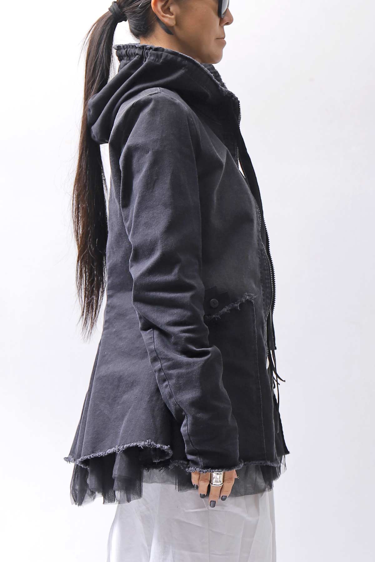 【PLÜ】 SUPER STRETCH COTTON DENIM HOODIE TULLE JACKET PL19_BLACK WASH