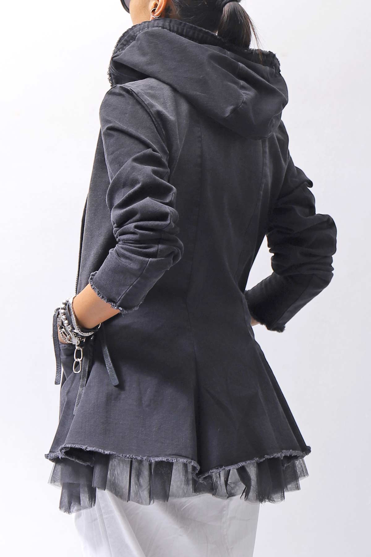 【PLÜ】 SUPER STRETCH COTTON DENIM HOODIE TULLE JACKET PL19_BLACK WASH