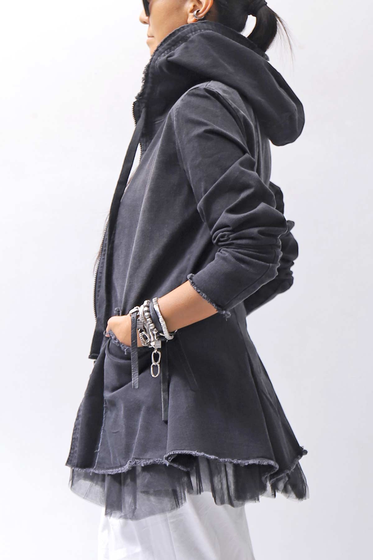 【PLÜ】 SUPER STRETCH COTTON DENIM HOODIE TULLE JACKET PL19_BLACK WASH