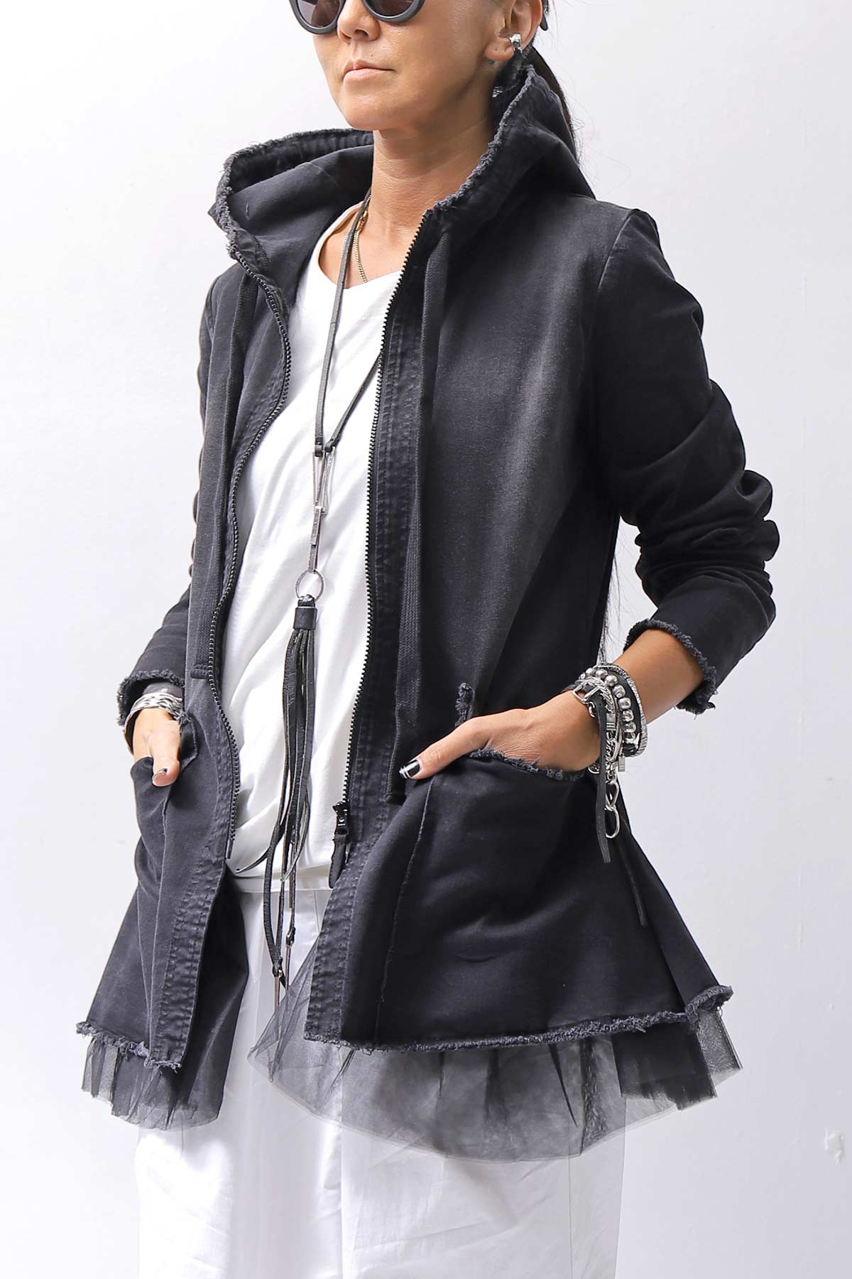 【PLÜ】 SUPER STRETCH COTTON DENIM HOODIE TULLE JACKET PL19_BLACK WASH