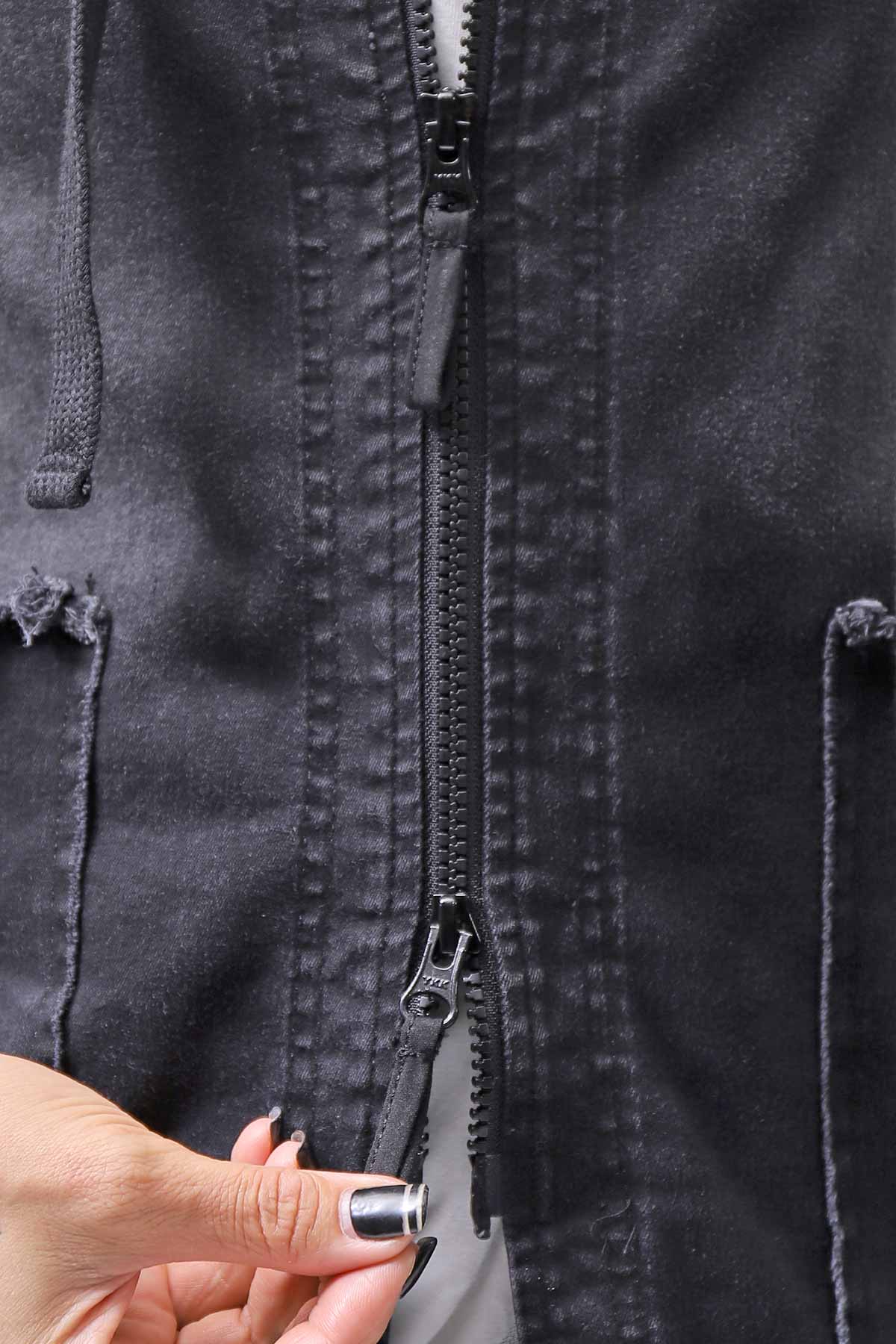 【PLÜ】 SUPER STRETCH COTTON DENIM HOODIE TULLE JACKET PL19_BLACK WASH