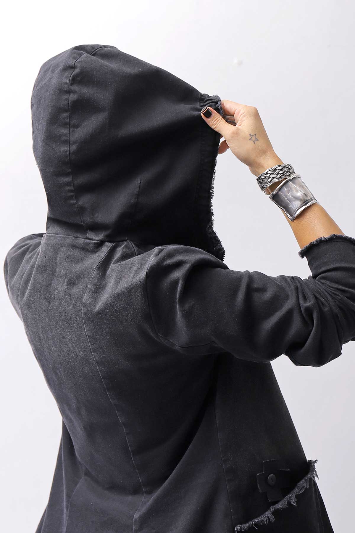 【PLÜ】 SUPER STRETCH COTTON DENIM HOODIE TULLE JACKET PL19_BLACK WASH