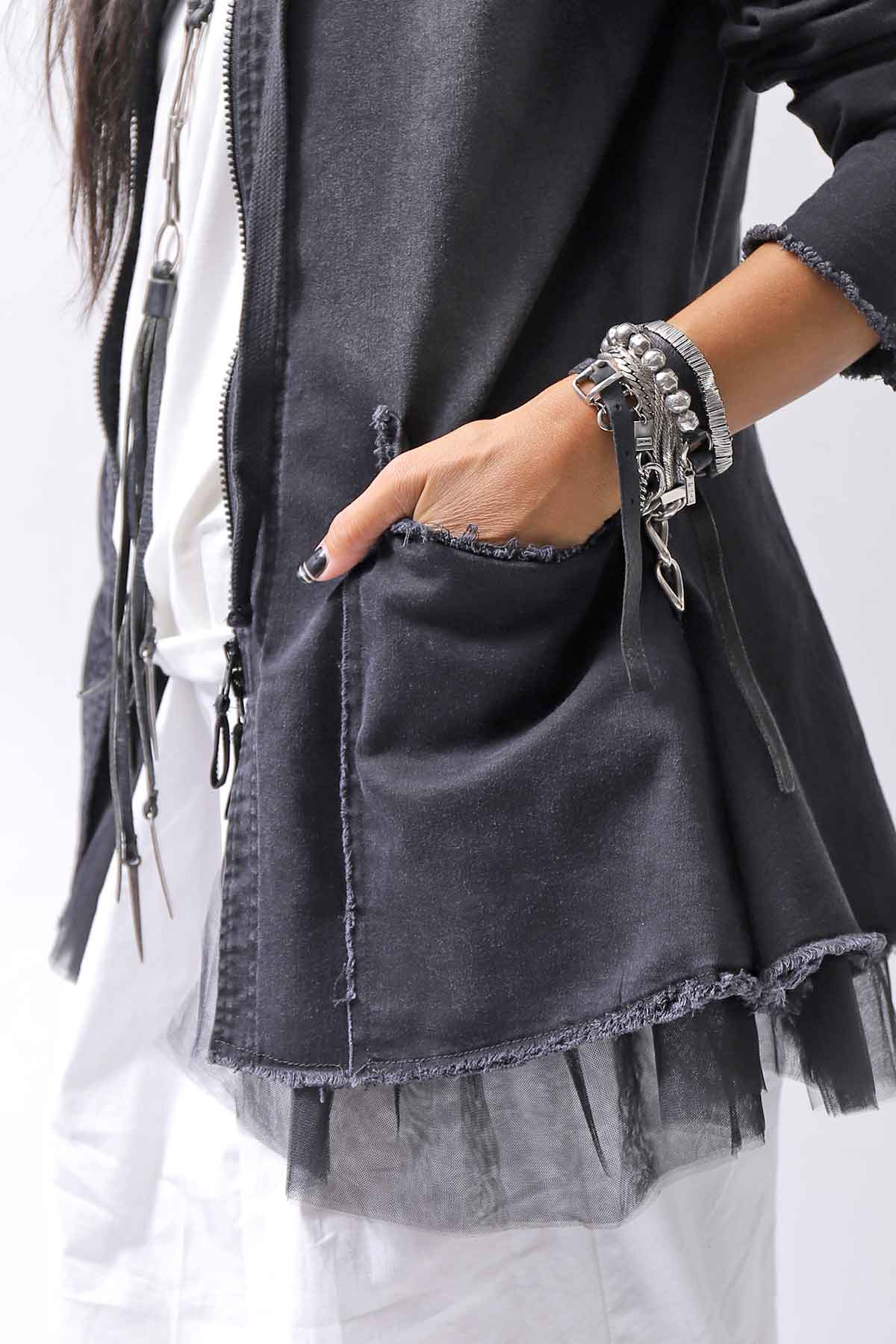 【PLÜ】 SUPER STRETCH COTTON DENIM HOODIE TULLE JACKET PL19_BLACK WASH