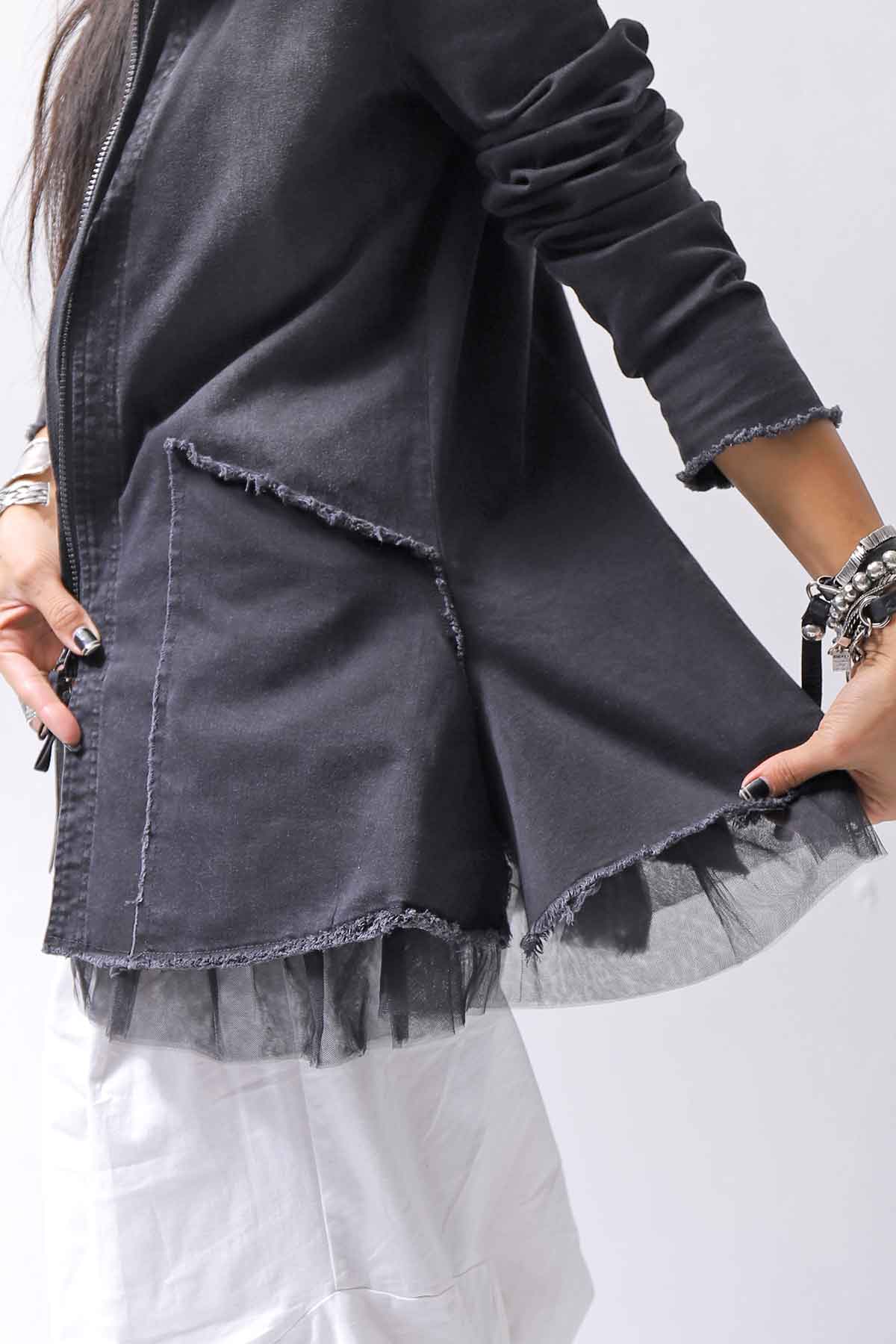 【PLÜ】 SUPER STRETCH COTTON DENIM HOODIE TULLE JACKET PL19_BLACK WASH