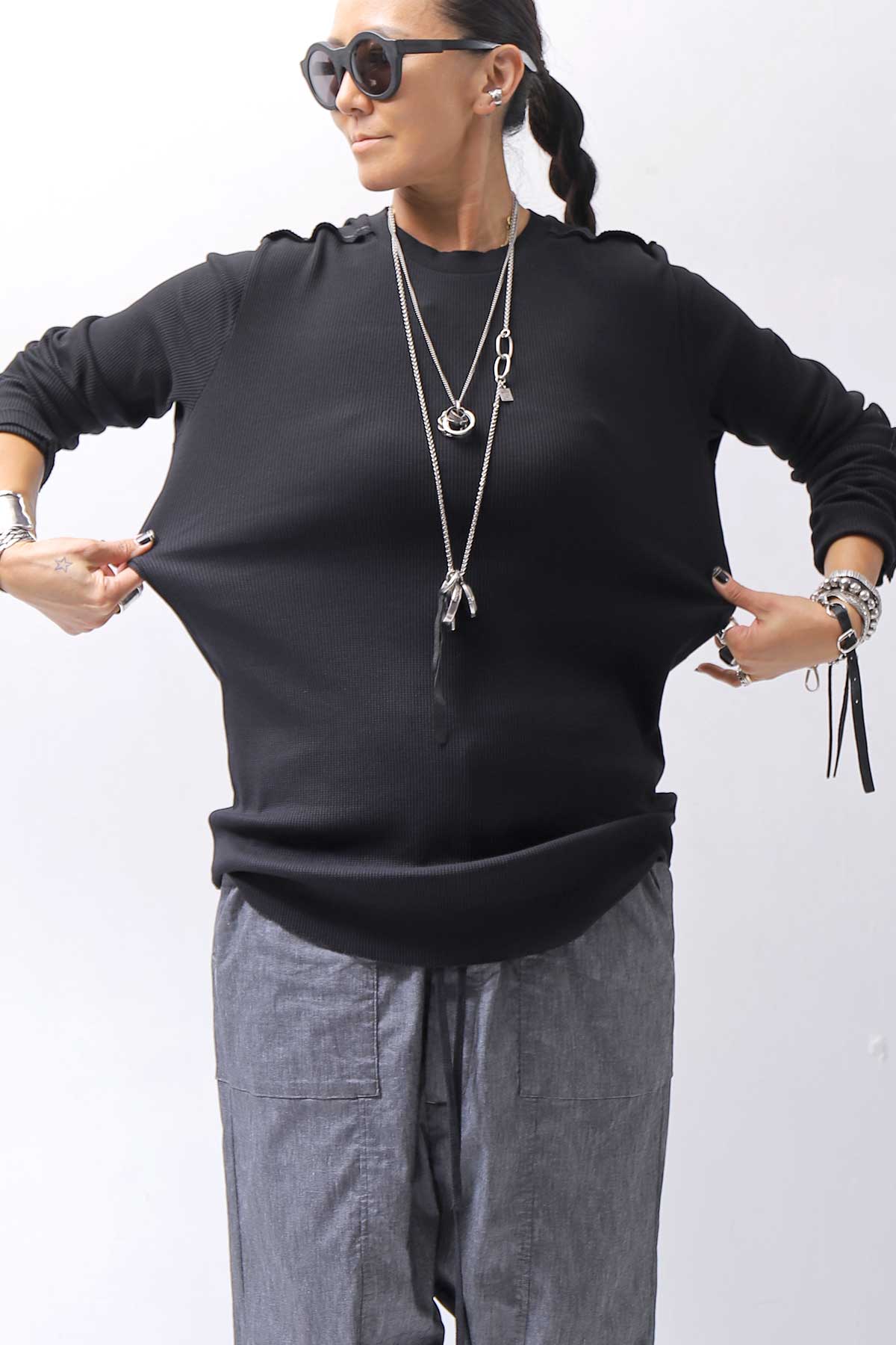 【thom/krom】 UNISEX WAFFLE COTTON LONG SLEEVE MT898_BLACK