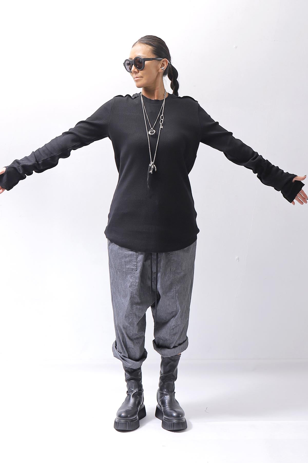 【thom/krom】 UNISEX WAFFLE COTTON LONG SLEEVE MT898_BLACK