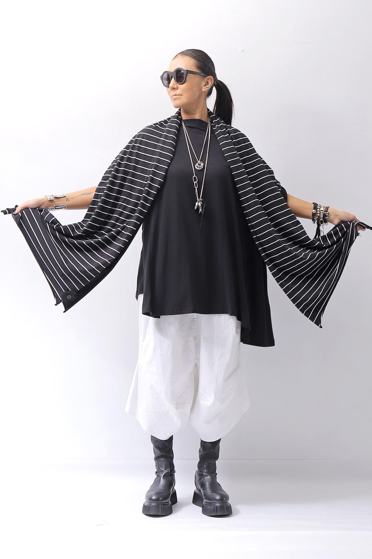 【PLÜ】 MULTIWAY STRETCH COTTON STOLE PL21_STRIPE/BLACK