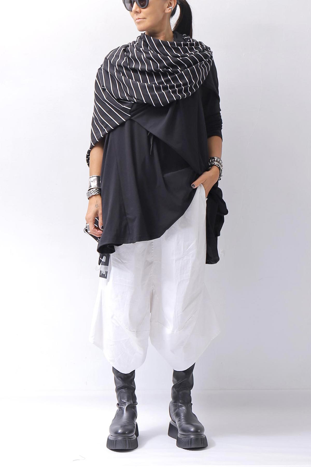 【PLÜ】 MULTIWAY STRETCH COTTON STOLE PL21_STRIPE/BLACK