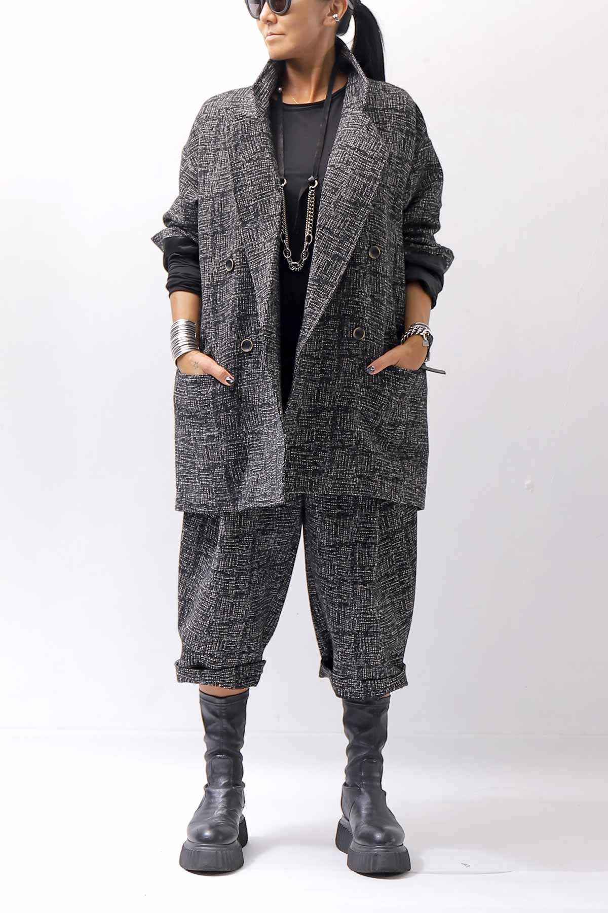 【NOSTRASANTISSIMA】 UNISEX OVERSIZED TWEED DOUBLE BUTTON JACKET J116_TWEED BLACK
