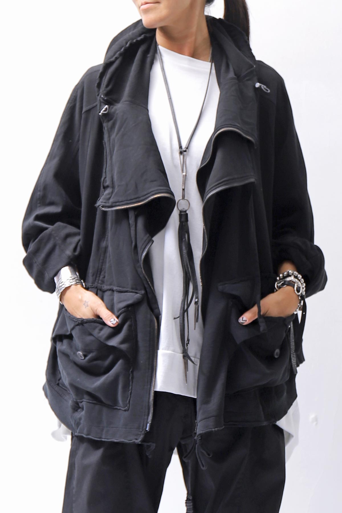 【RUNDHOLZ】 UNISEX DOUBLE LAYERED RELAX FIT ZIP-UP HOODIE_BLACK