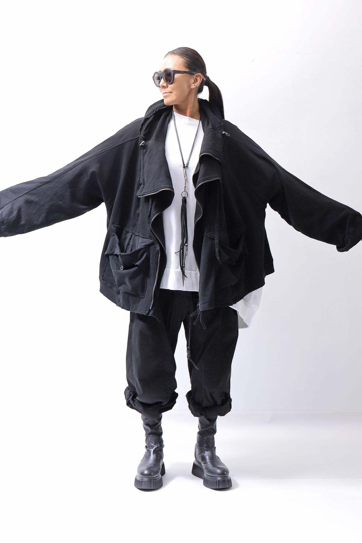 【RUNDHOLZ】 UNISEX DOUBLE LAYERED RELAX FIT ZIP-UP HOODIE_BLACK