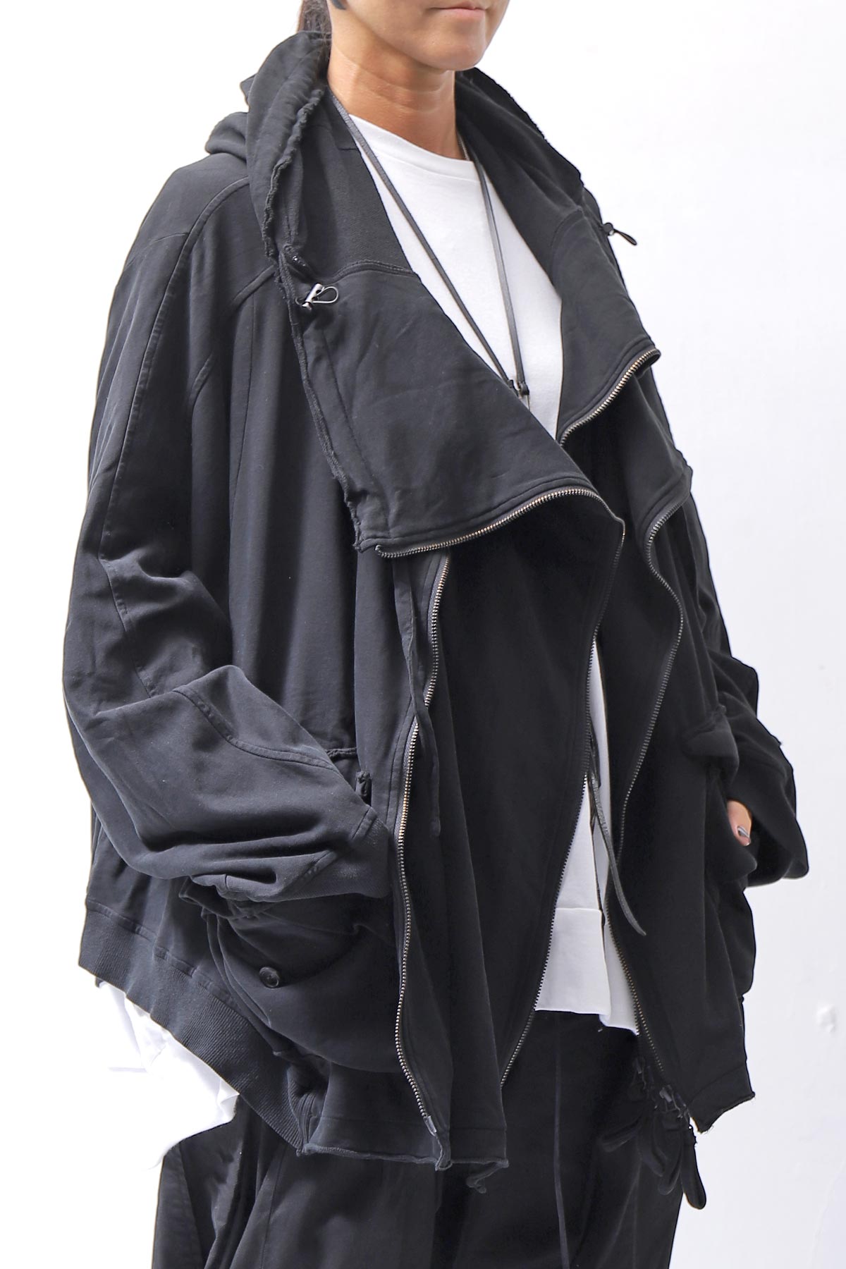 【RUNDHOLZ】 UNISEX DOUBLE LAYERED RELAX FIT ZIP-UP HOODIE_BLACK