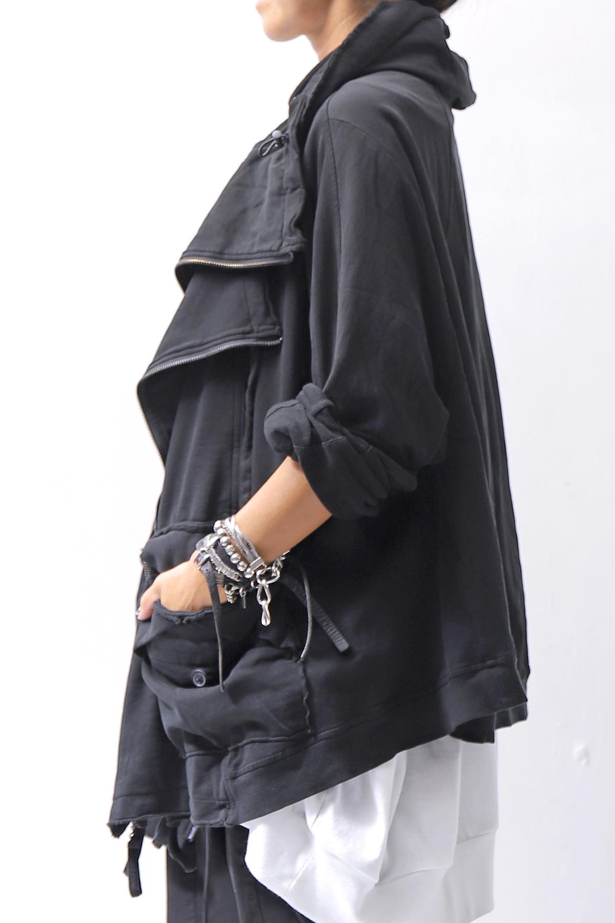 【RUNDHOLZ】 UNISEX DOUBLE LAYERED RELAX FIT ZIP-UP HOODIE_BLACK