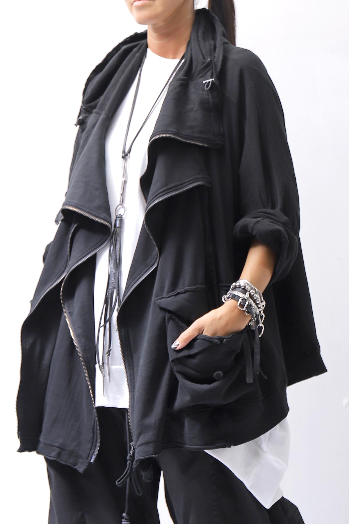 【RUNDHOLZ】 UNISEX DOUBLE LAYERED RELAX FIT ZIP-UP HOODIE_BLACK