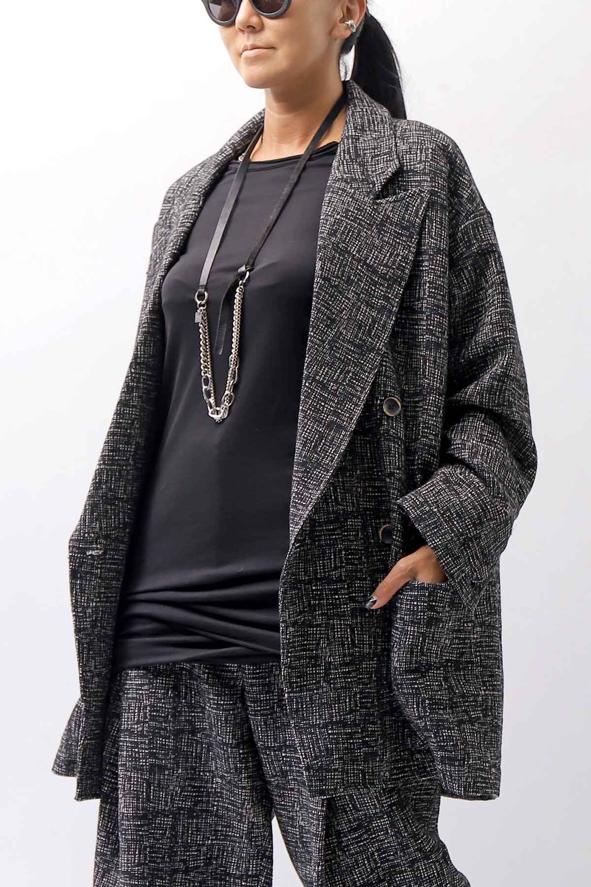 【NOSTRASANTISSIMA】 UNISEX OVERSIZED TWEED DOUBLE BUTTON JACKET J116_TWEED BLACK