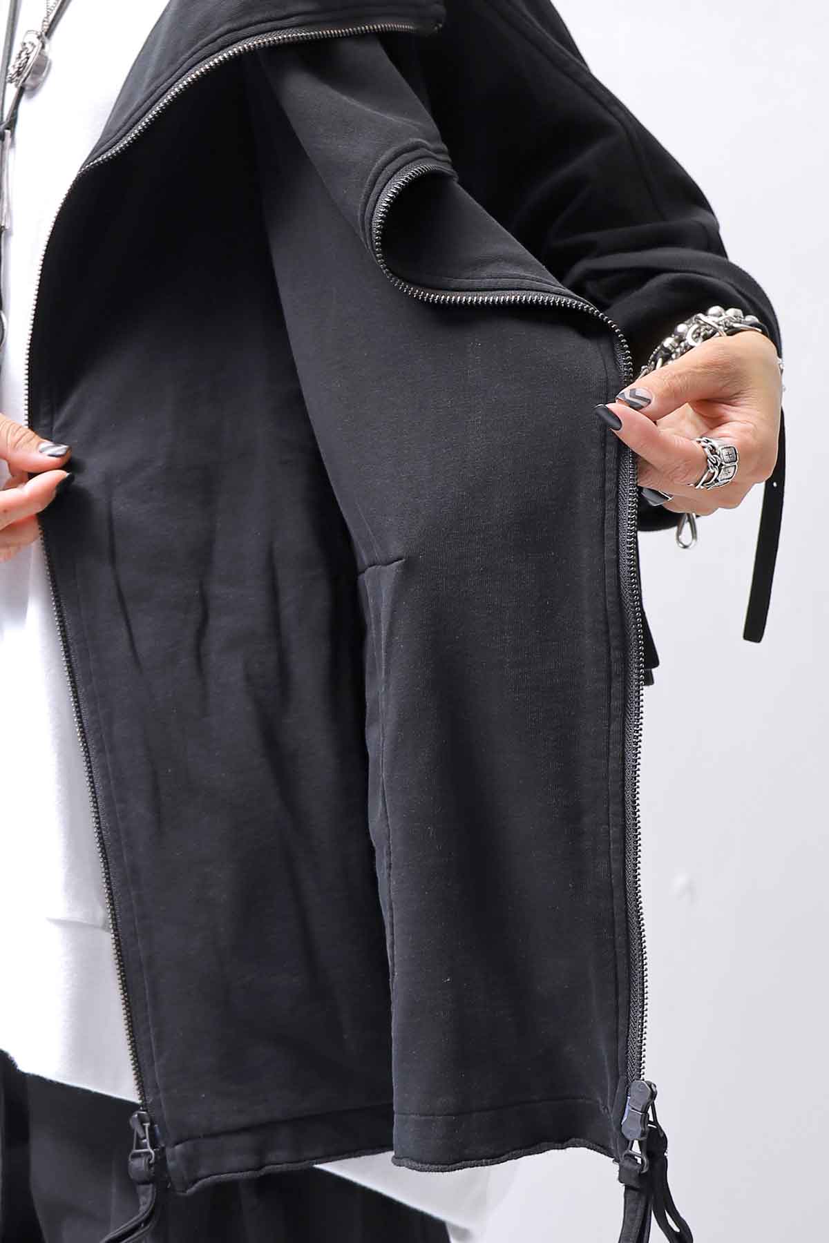 【RUNDHOLZ】 UNISEX DOUBLE LAYERED RELAX FIT ZIP-UP HOODIE_BLACK