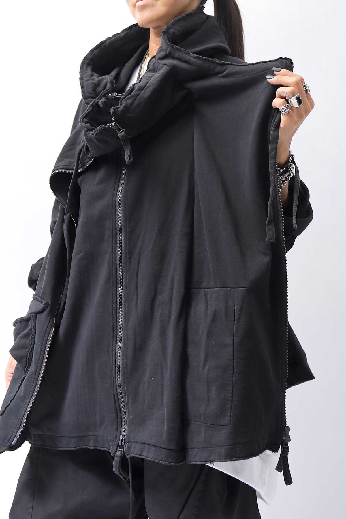 【RUNDHOLZ】 UNISEX DOUBLE LAYERED RELAX FIT ZIP-UP HOODIE_BLACK