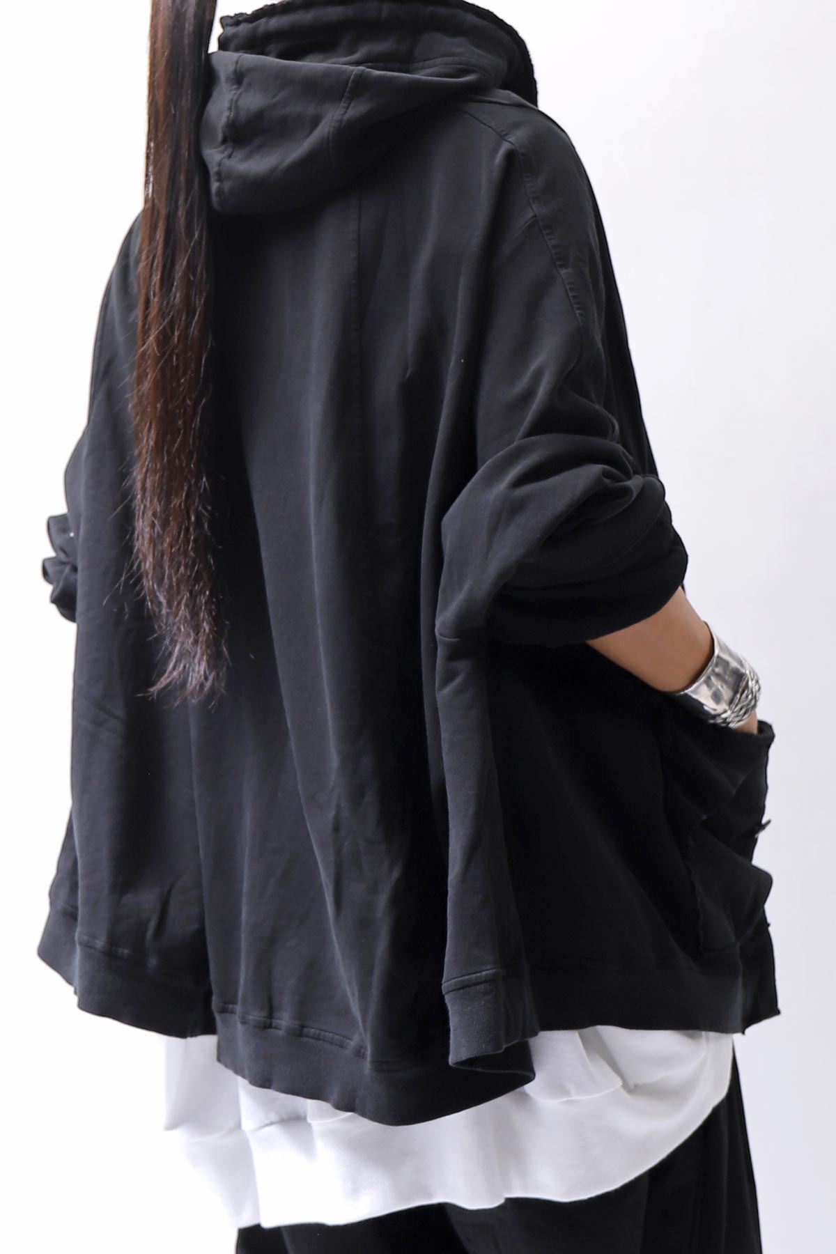 【RUNDHOLZ】 UNISEX DOUBLE LAYERED RELAX FIT ZIP-UP HOODIE_BLACK