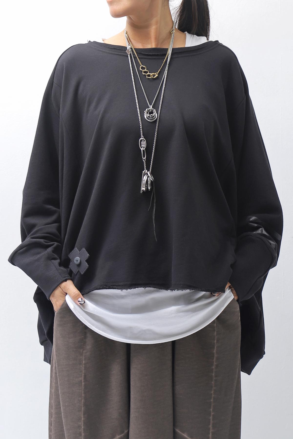 【PLÜ】 UNISEX COTTON SWEAT WIDE SHORT TOP PL8_BLACK