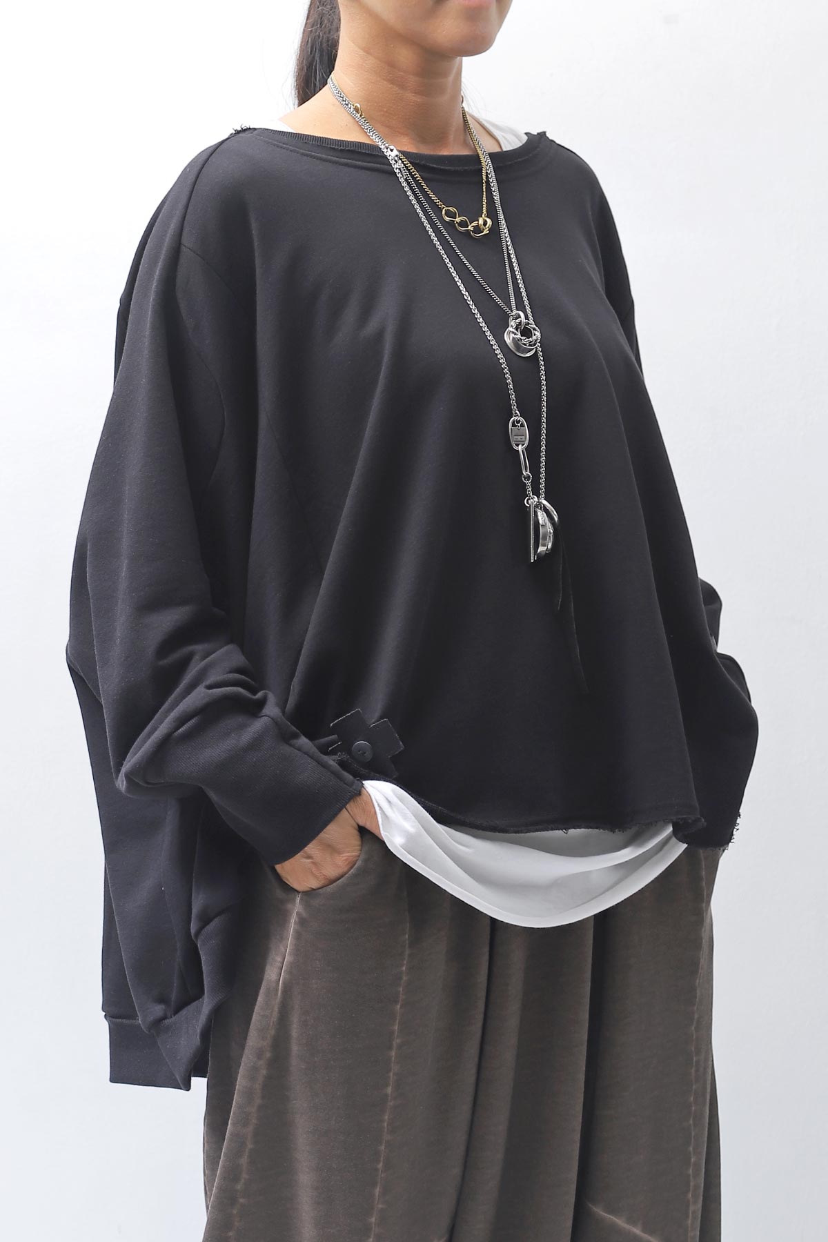 【PLÜ】 UNISEX COTTON SWEAT WIDE SHORT TOP PL8_BLACK