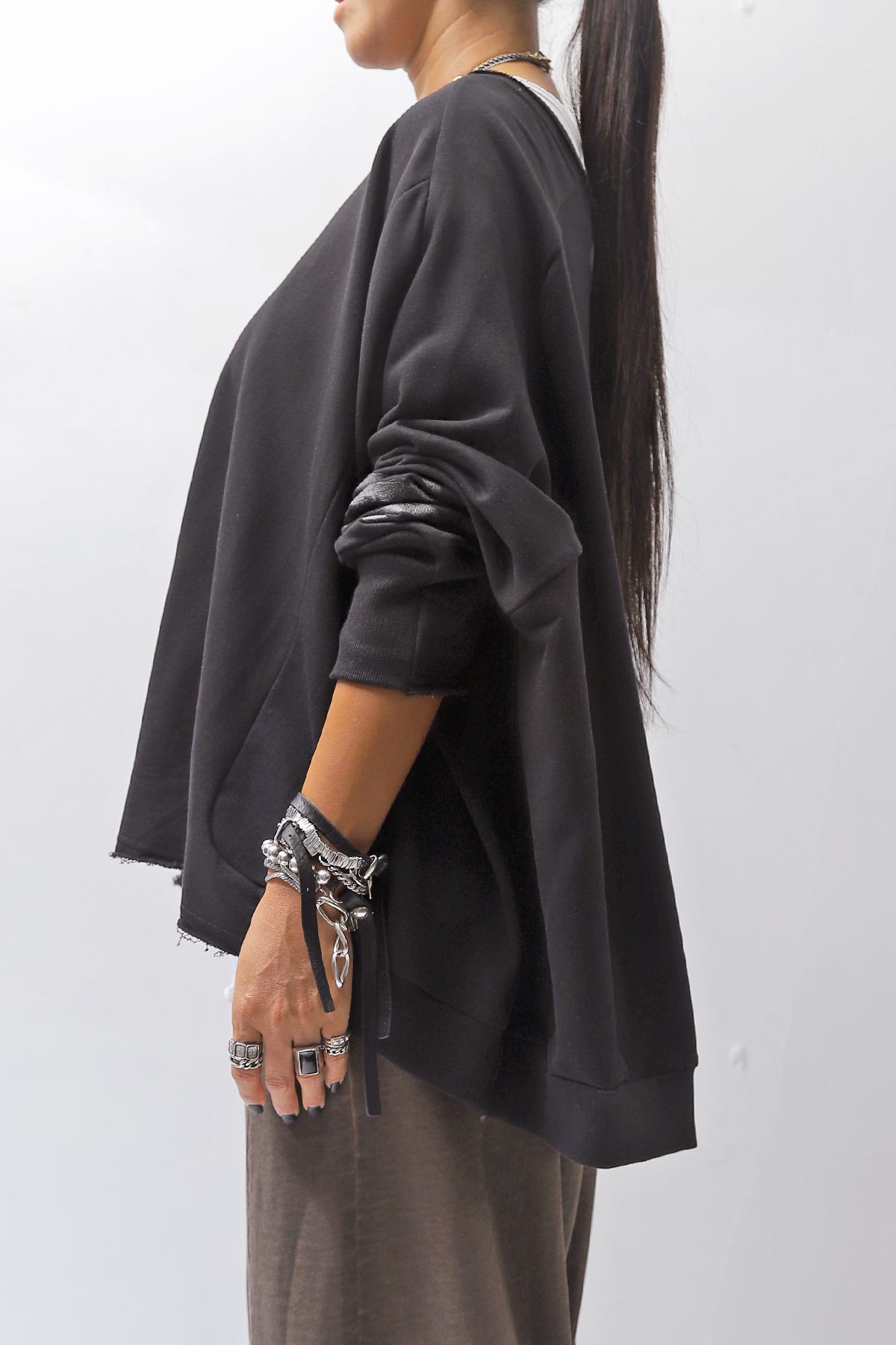 【PLÜ】 UNISEX COTTON SWEAT WIDE SHORT TOP PL8_BLACK