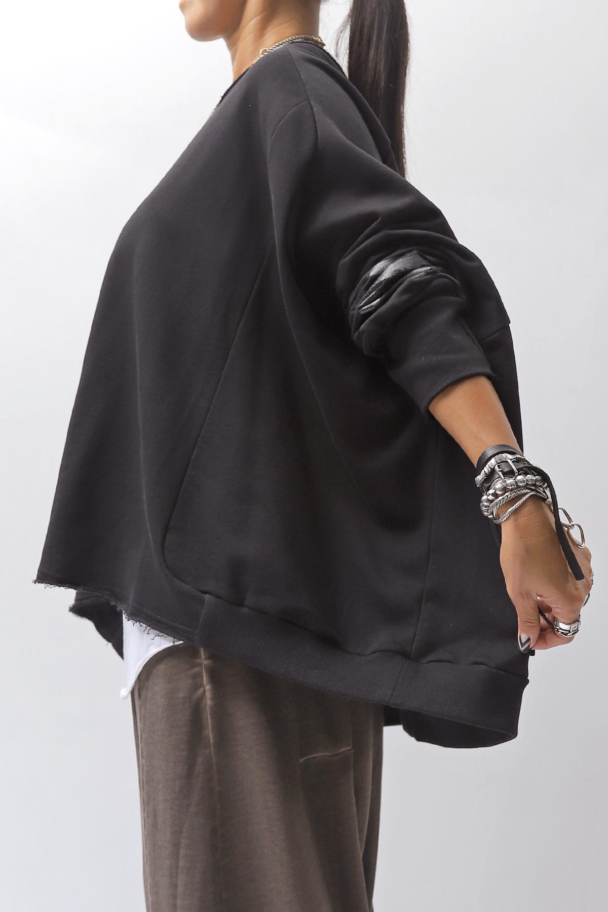 【PLÜ】 UNISEX COTTON SWEAT WIDE SHORT TOP PL8_BLACK