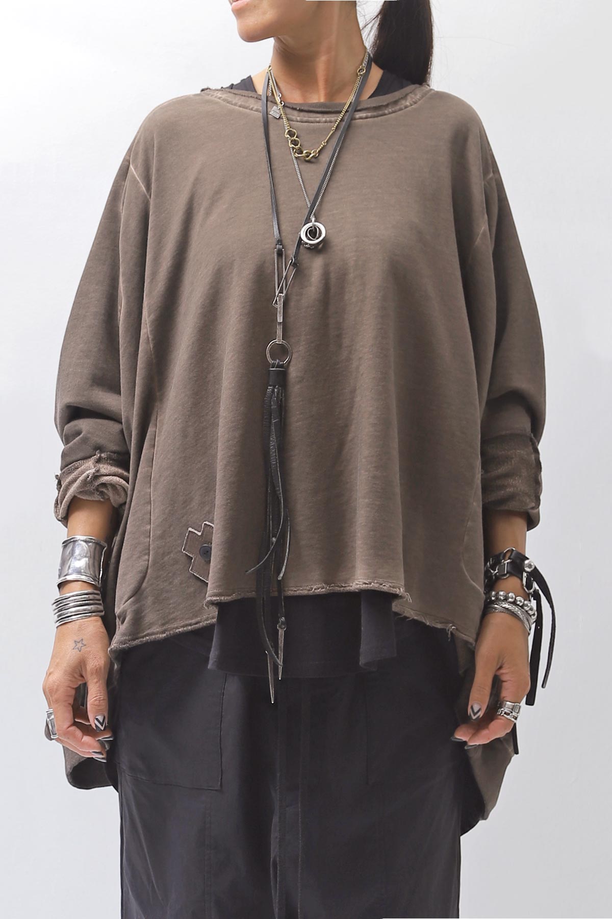 【PLÜ】 UNISEX COTTON SWEAT WIDE SHORT TOP PL8_CHOCOLATE