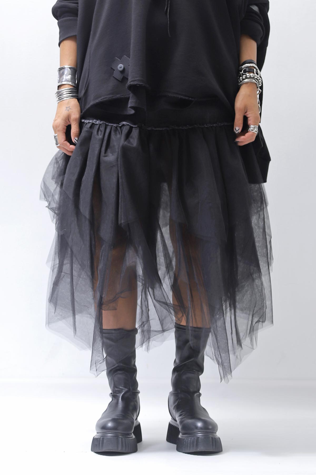 【PLÜ】 TULLE DENIM SKIRT PL10_BLACK