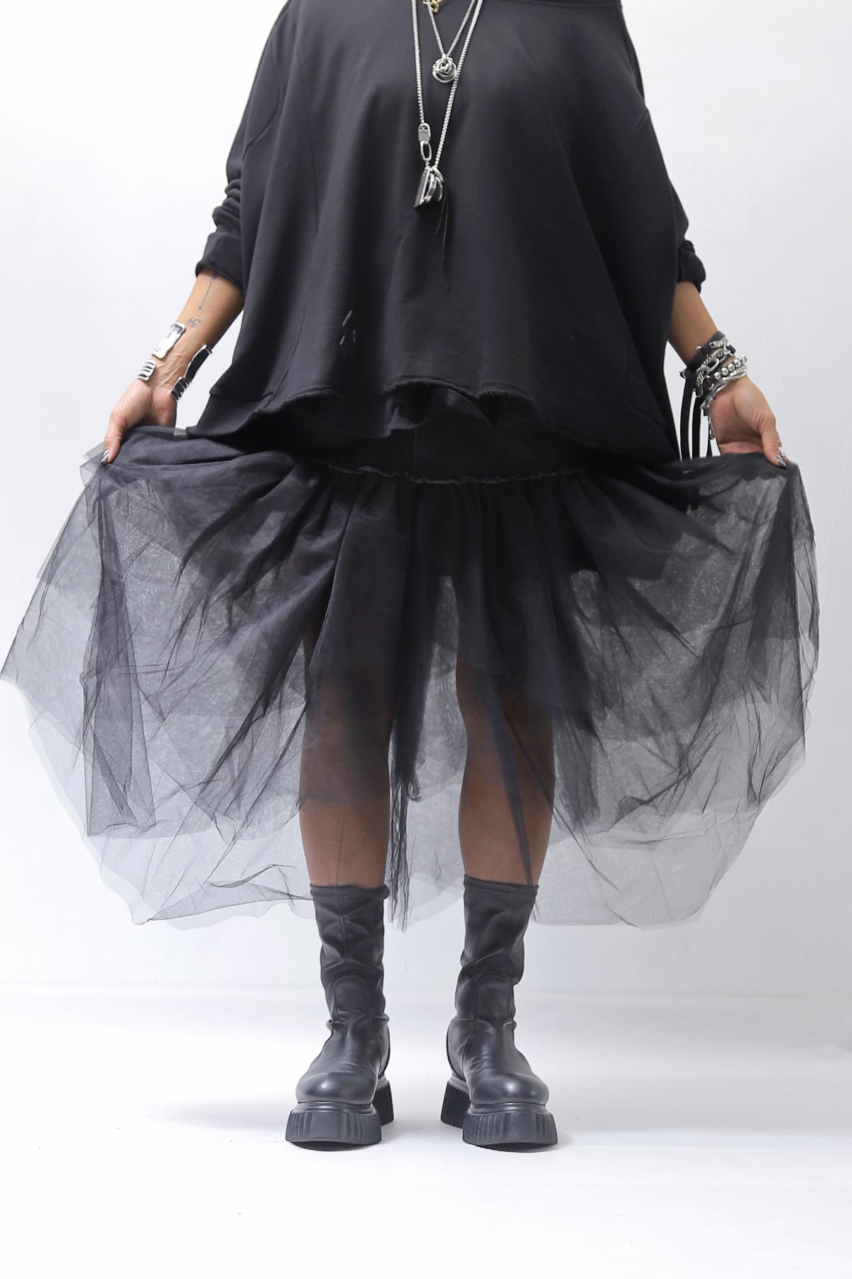 【PLÜ】 TULLE DENIM SKIRT PL10_BLACK