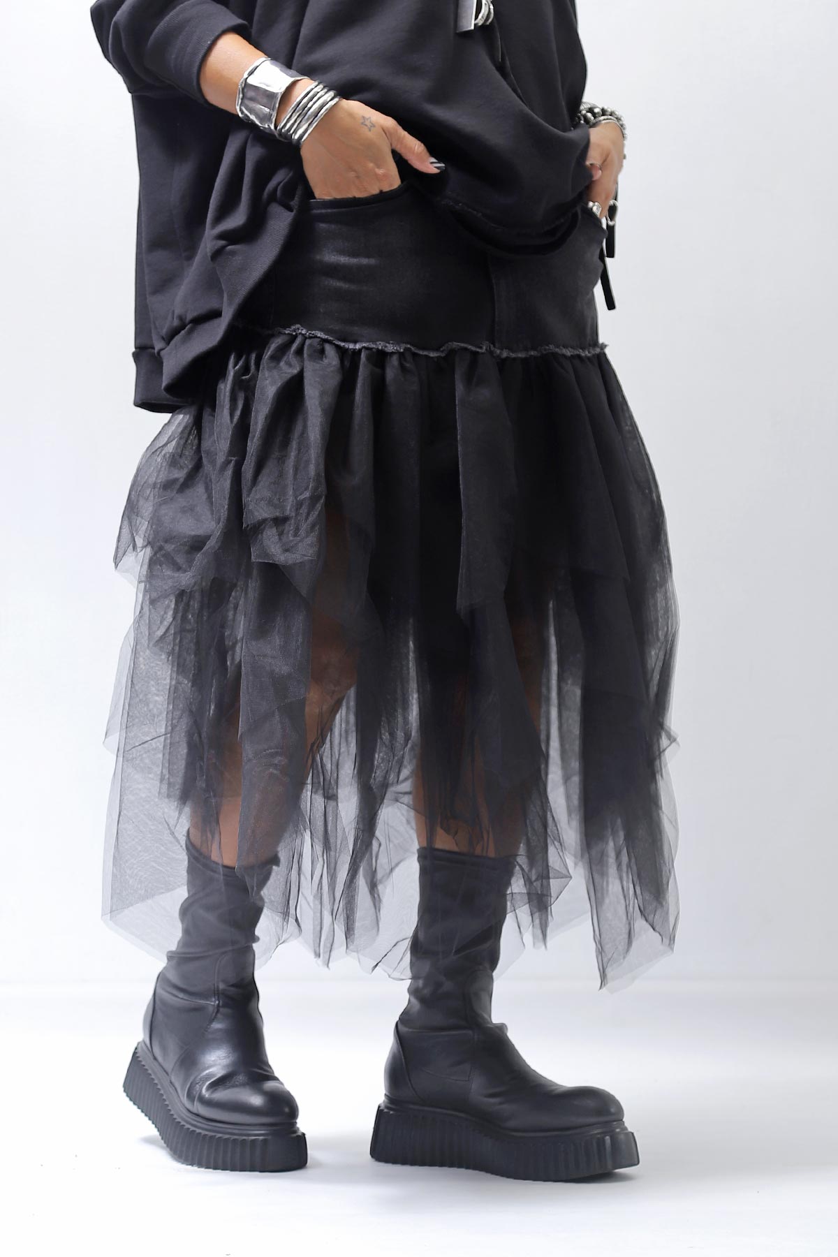 【PLÜ】 TULLE DENIM SKIRT PL10_BLACK