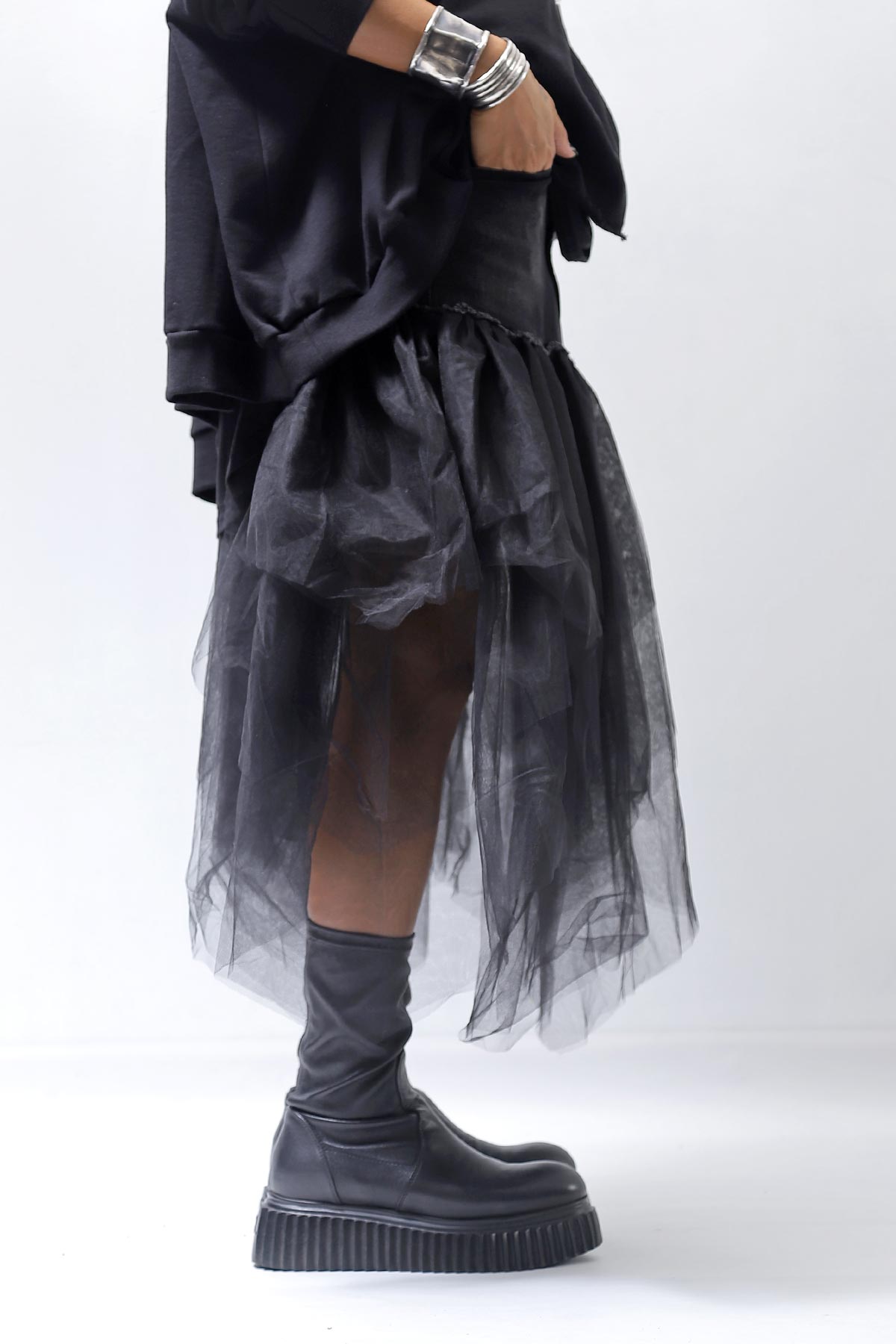 【PLÜ】 TULLE DENIM SKIRT PL10_BLACK