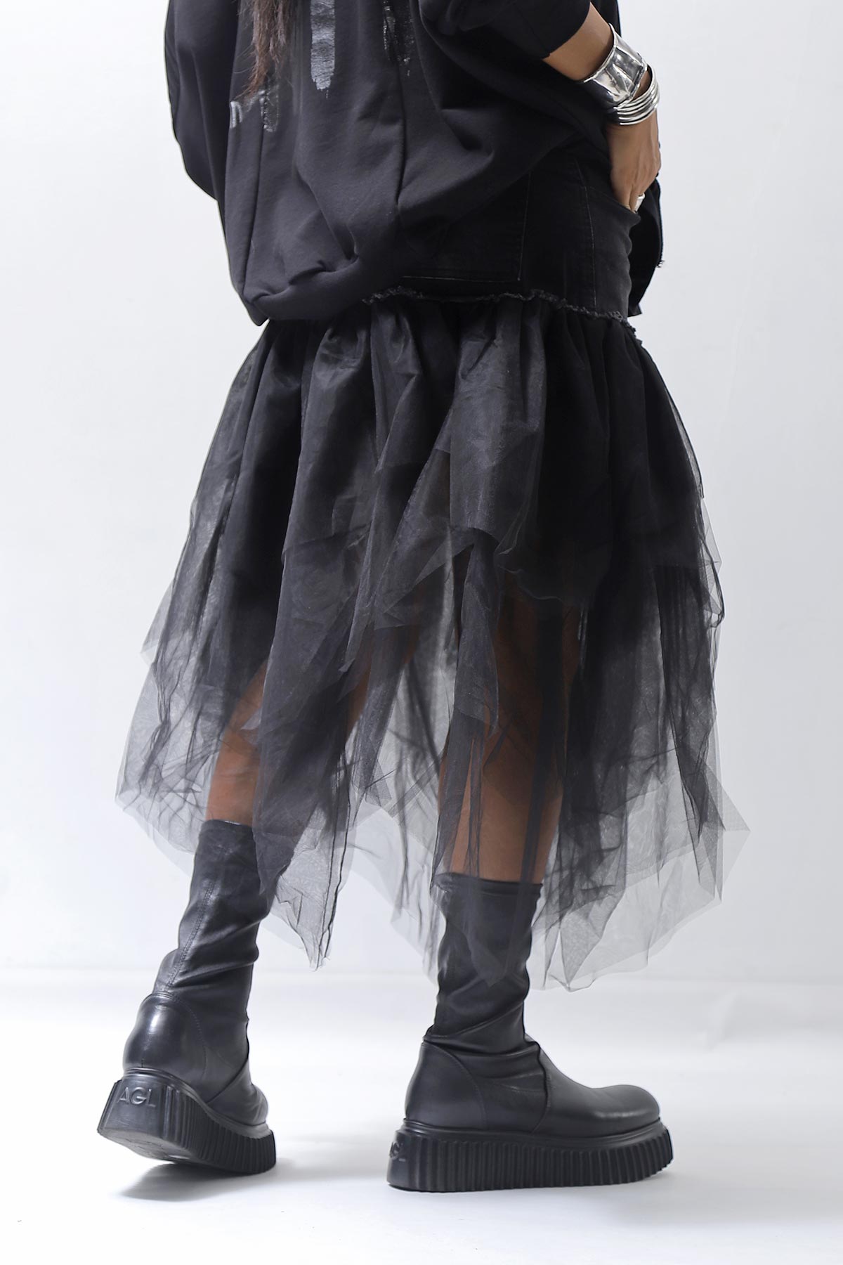 【PLÜ】 TULLE DENIM SKIRT PL10_BLACK