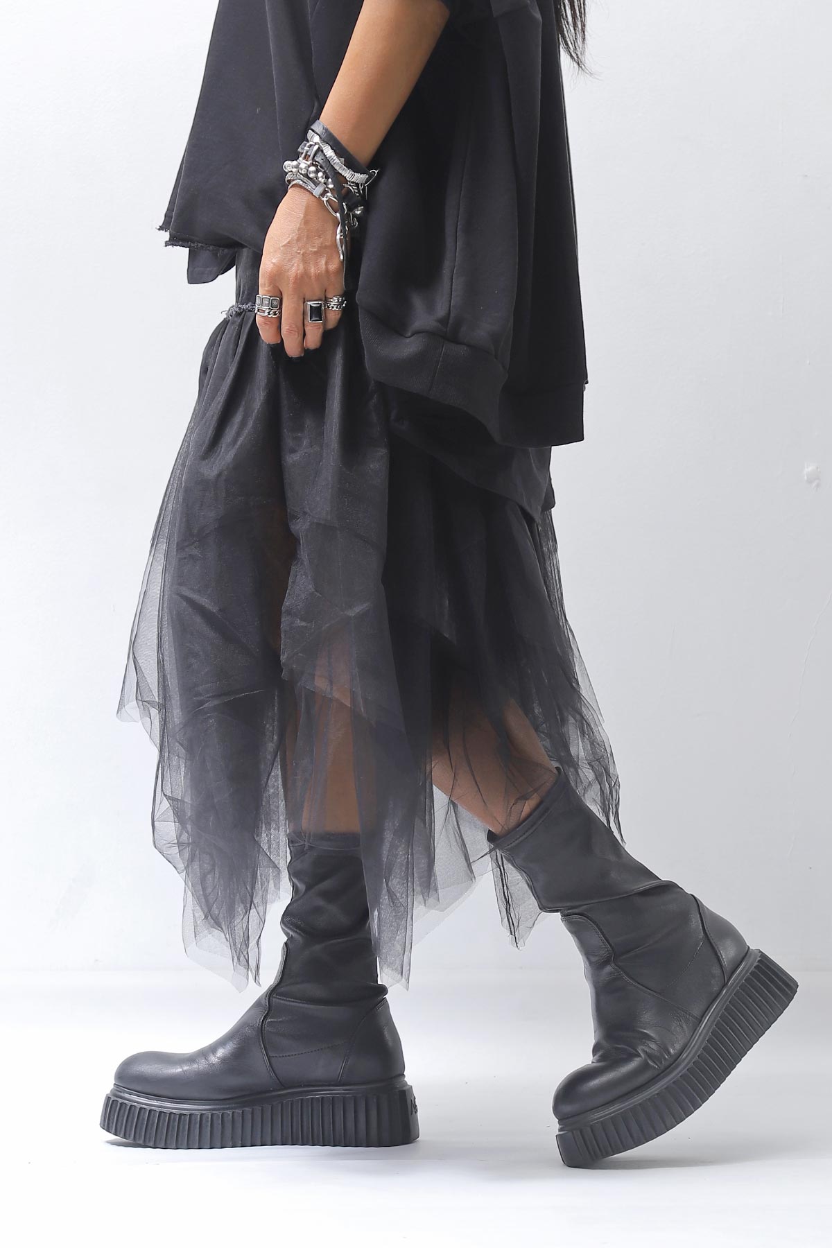 【PLÜ】 TULLE DENIM SKIRT PL10_BLACK