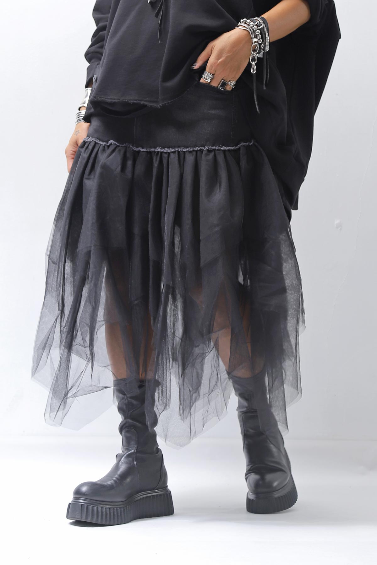 【PLÜ】 TULLE DENIM SKIRT PL10_BLACK