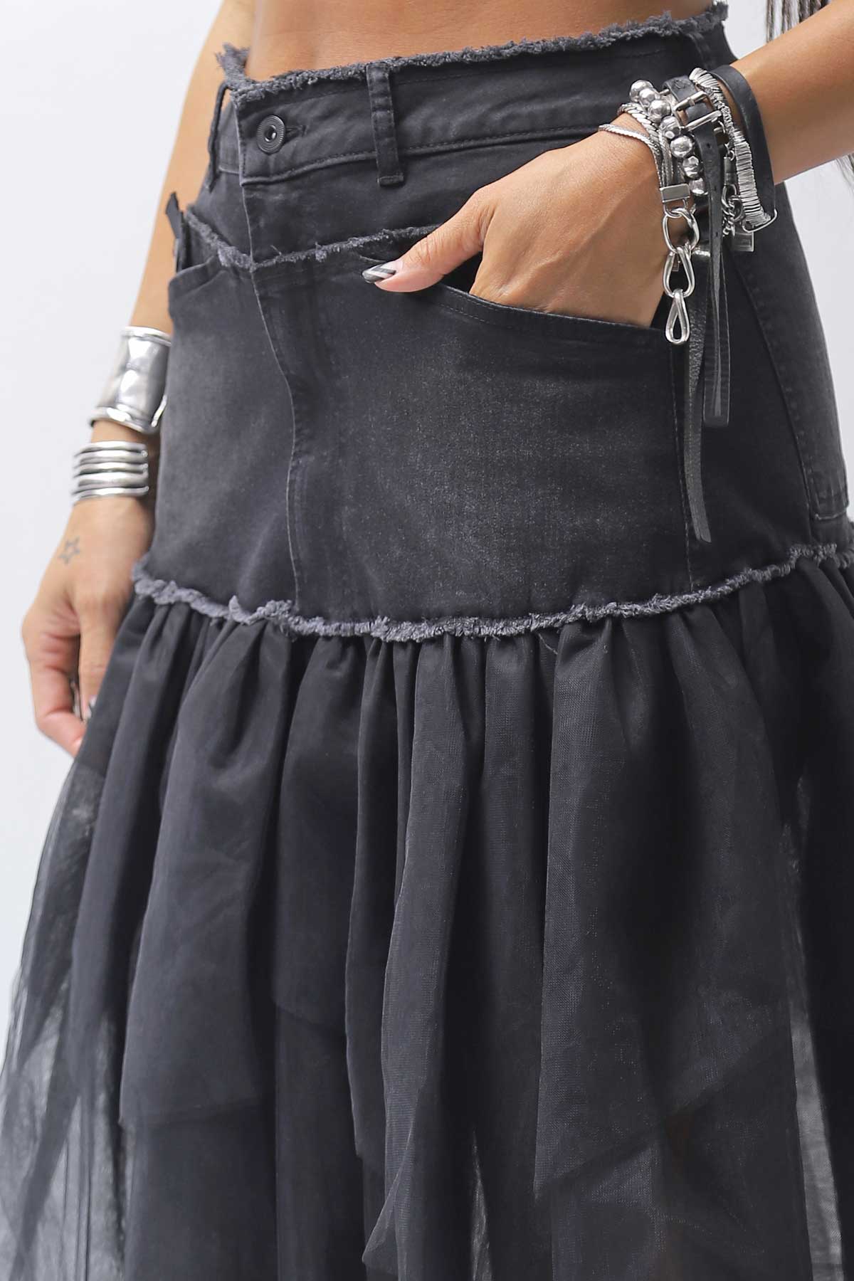 【PLÜ】 TULLE DENIM SKIRT PL10_BLACK
