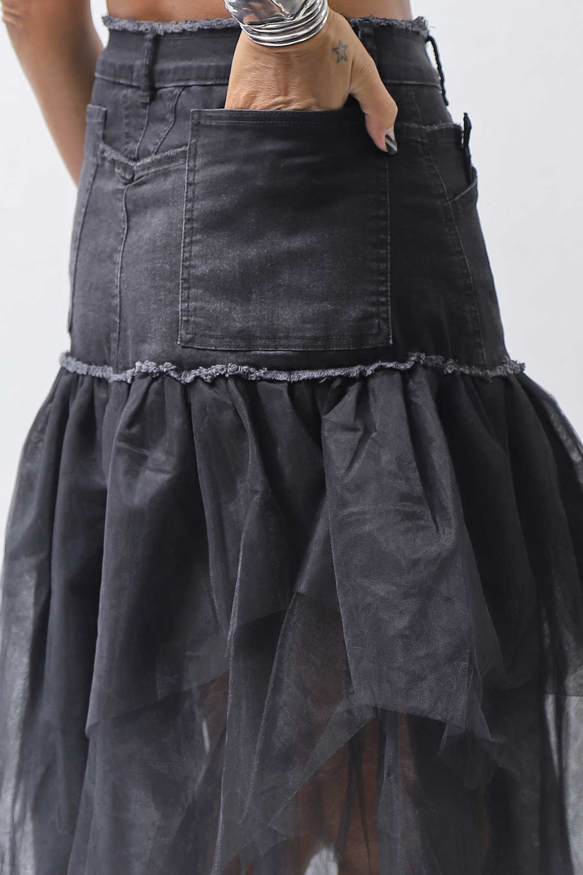 【PLÜ】 TULLE DENIM SKIRT PL10_BLACK