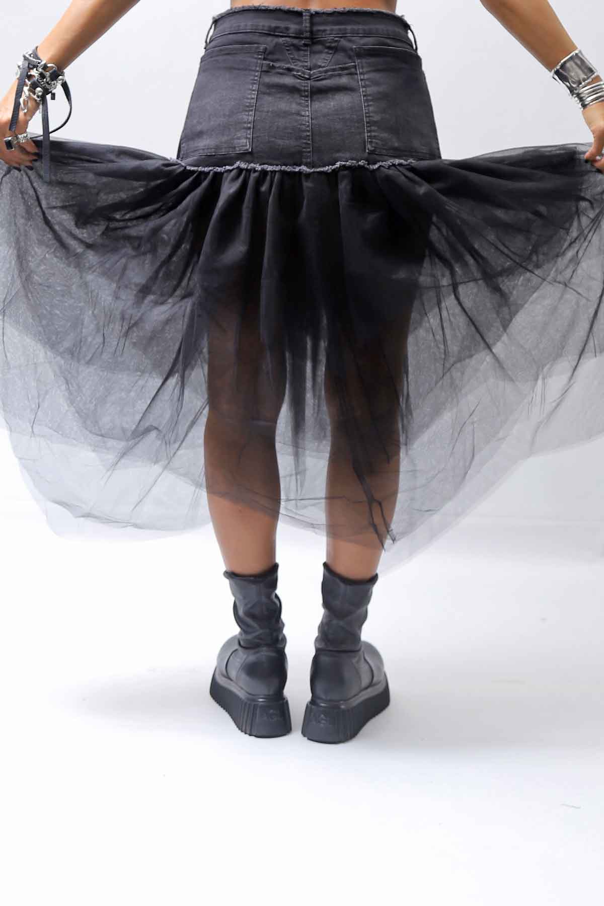 【PLÜ】 TULLE DENIM SKIRT PL10_BLACK