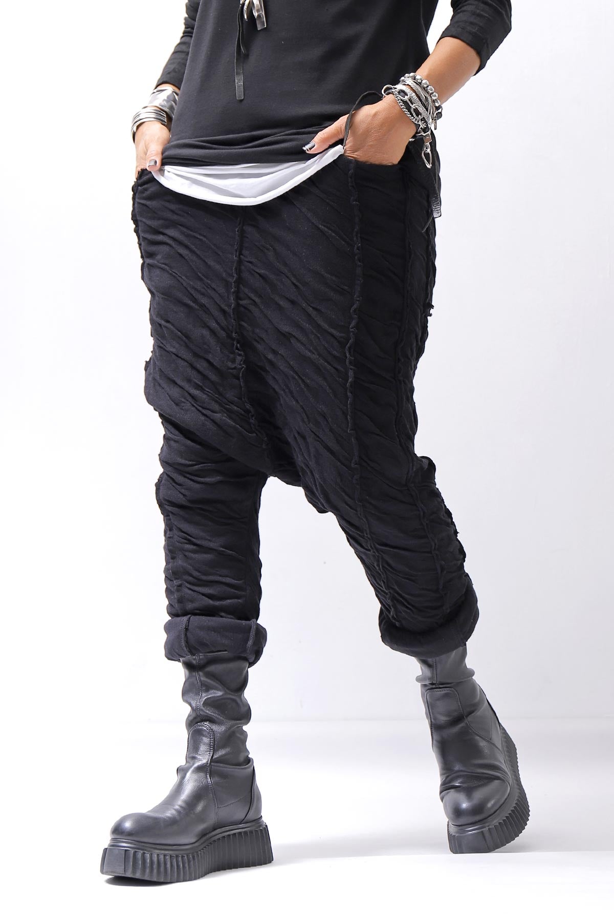 【studio b3】 UNISEX CRINKLED SOFT COTTON PANTS RBB1972_BLACK