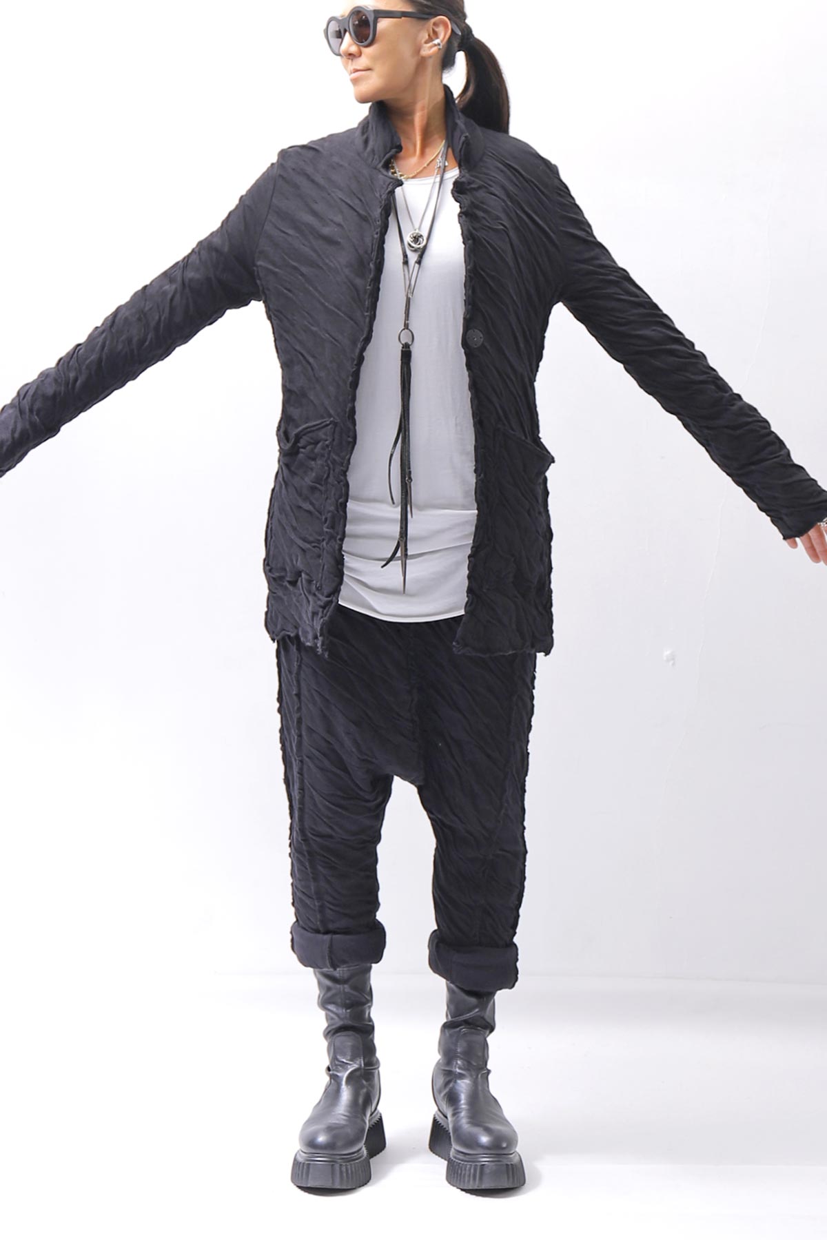 【studio b3】 UNISEX CRINKLED SOFT COTTON CARDIGAN JACKET RBB1971_BLACK
